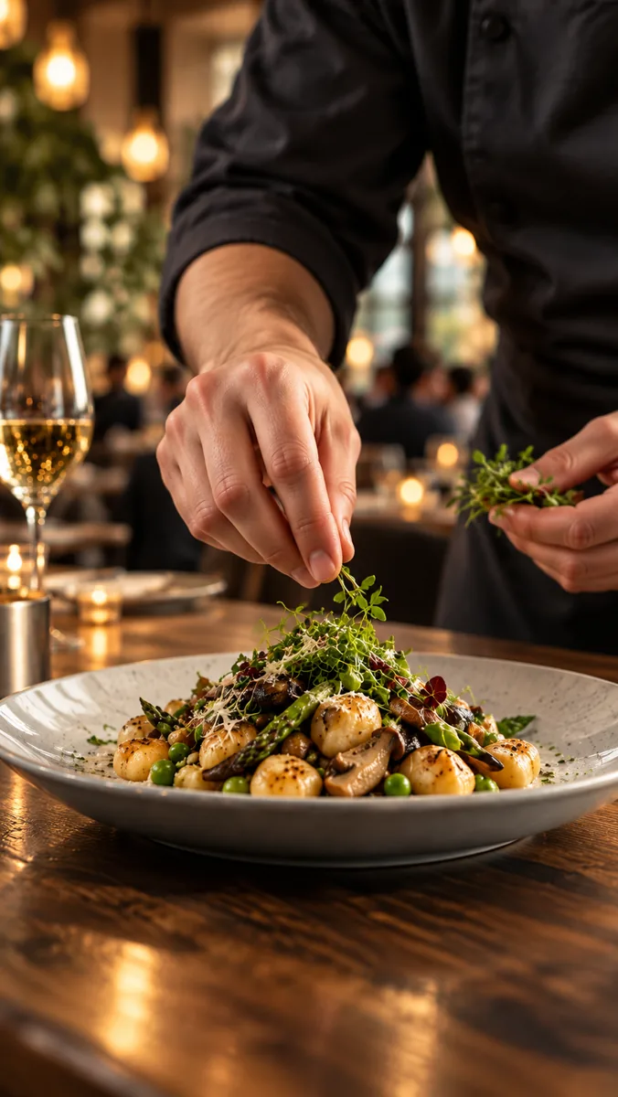 Ein angerichteter Teller im warmen Licht eines Restaurants